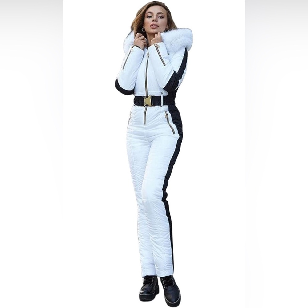 NEW- Yousify Womens One Piece Ski Jumpsuit- Waterproof with Removable Fur Collar